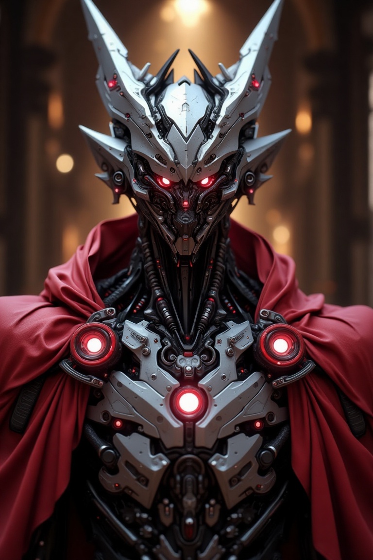 "Design a hyper-detailed cybernetic humanoid with a sleek,  futuristic aesthetic. The head features a highly intricate,  b...