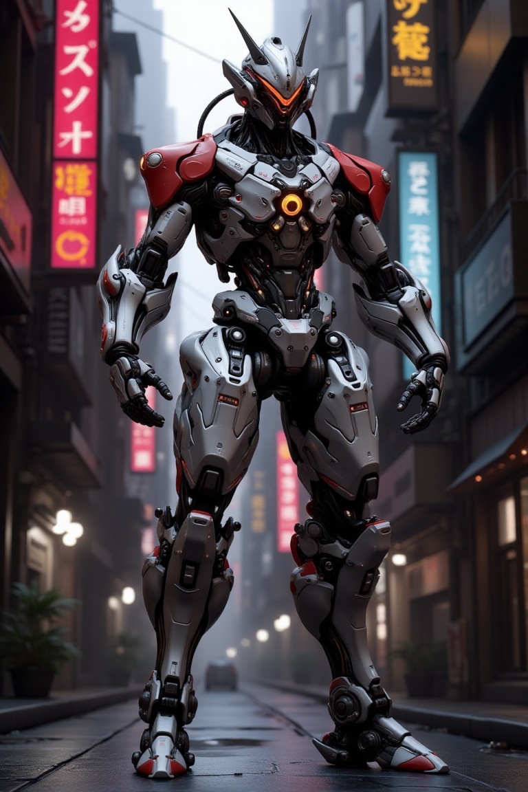 "A highly"A highly detailed humano detailedid and robot futuristic stands humano imposidingly robot stands in a tall futur...