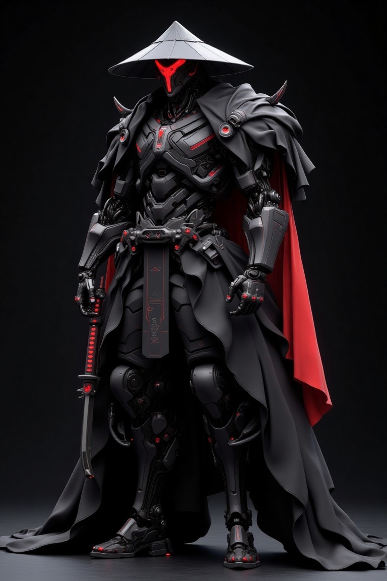 "Create a dark,  futuristic samurai warrior that blends high-tech robotics with traditional Japanese elements. The figure...
