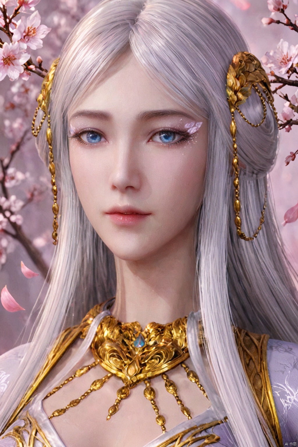 score_9,score_8_up,(Clear lines, high definition, Best quality, Very detailed, masterpiece, 4K),1girl, solo, long hair, blue eyes, hair ornament, upper body, white hair, lips, petals, realistic,BaiLong