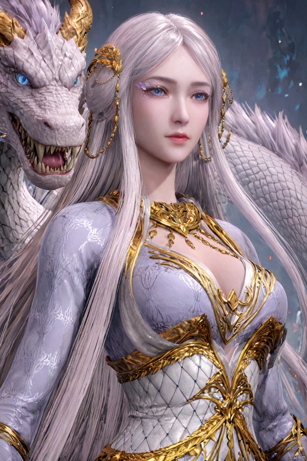 score_9,score_8_up,(Clear lines, high definition, Best quality, Very detailed, masterpiece, 4K),1girl, solo, long hair, breasts, blue eyes, hair ornament, cleavage, medium breasts, white hair, lips, dragon,BaiLong