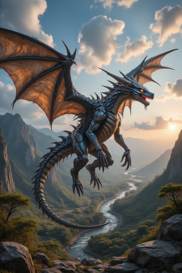 A majestic dragon soars through the sky,  its scales glistening like beautiful gems in the sunlight. The dragon's wings st...
