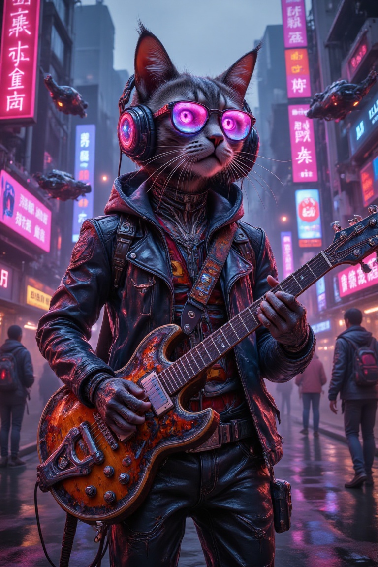 A cat wearing glasses and a hooded jacket,  holding a guitar,  stands amidst a bustling cyberpunk city. The cat is adorned...
