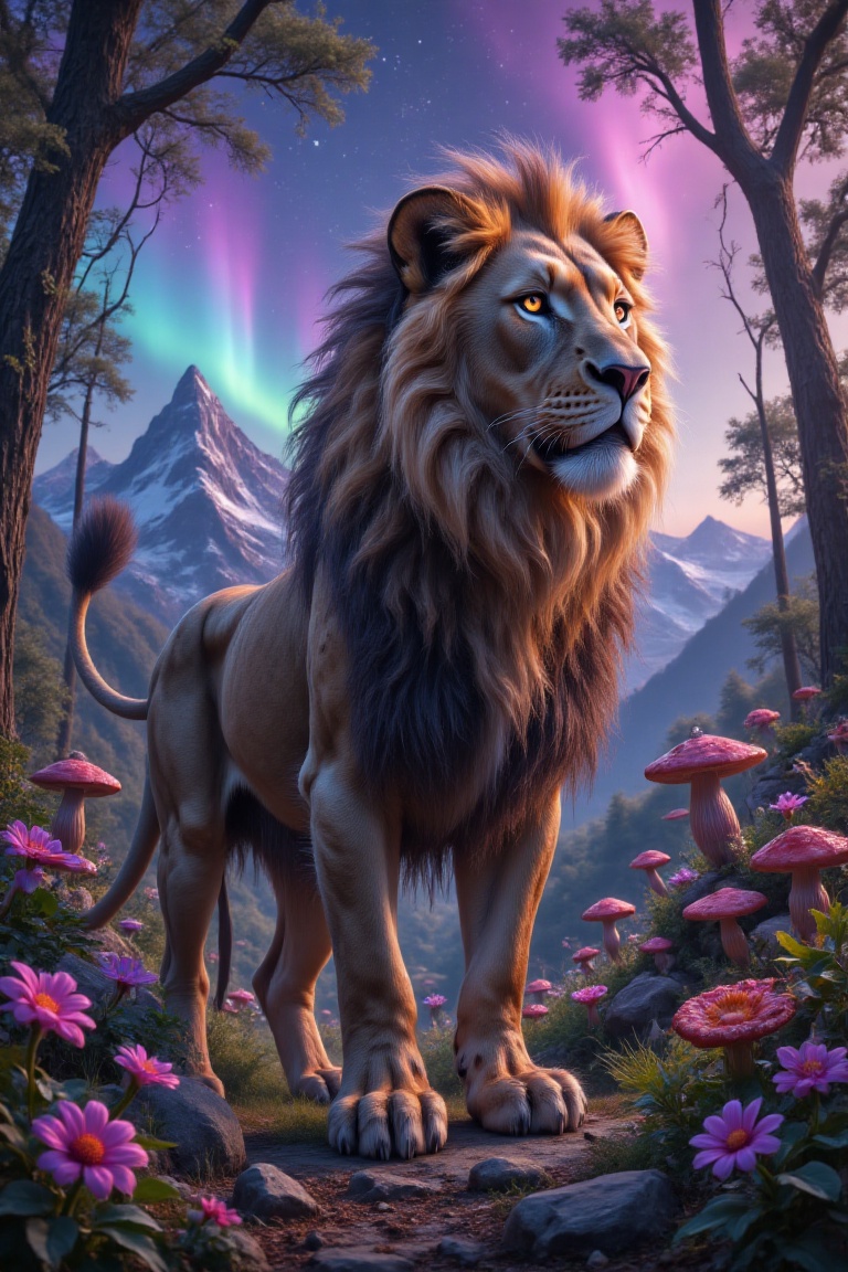 A realistic lion stands majestically in a mysterious forest,  surrounded by vibrant fantasy flowers and towering mushrooms...