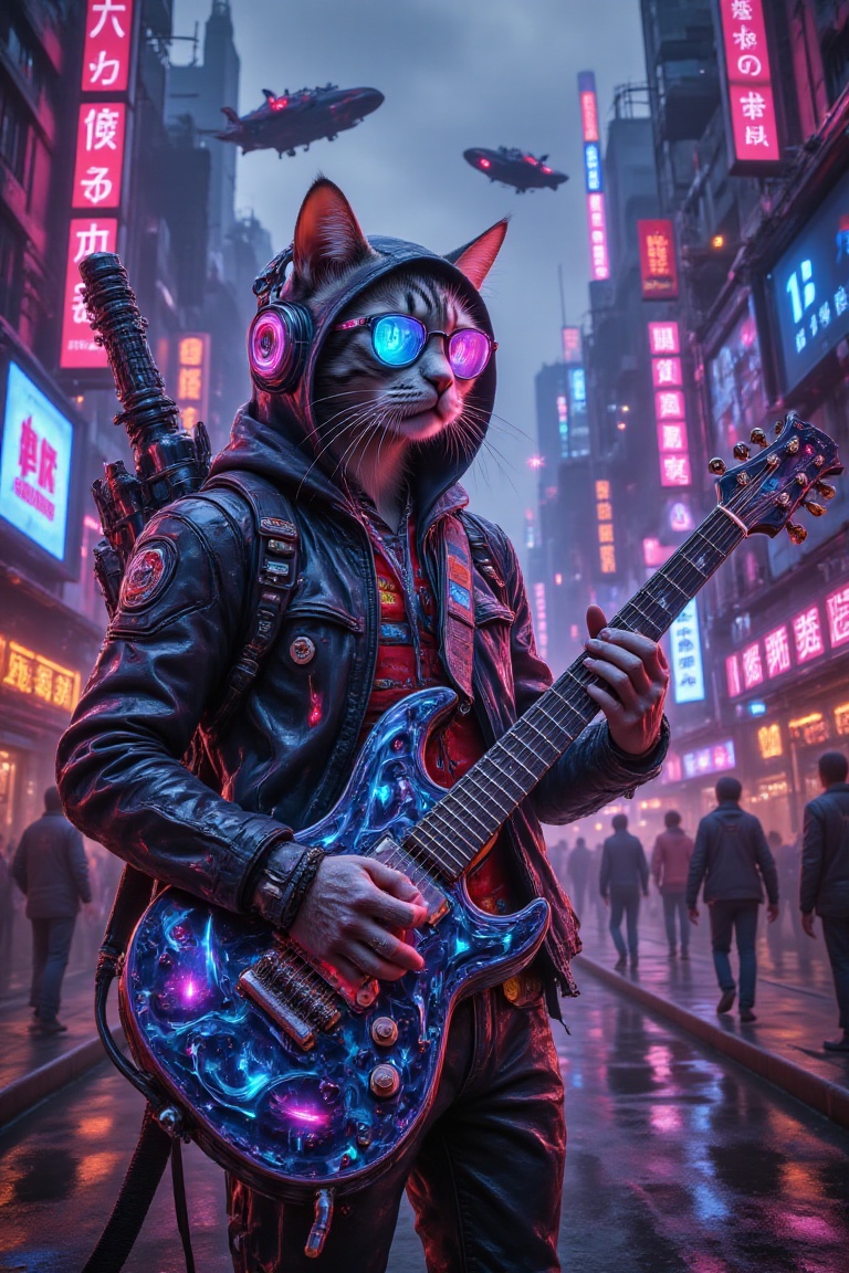 A cat wearing glasses and a hooded jacket,  holding a guitar,  stands amidst a bustling cyberpunk city. The cat is adorned...