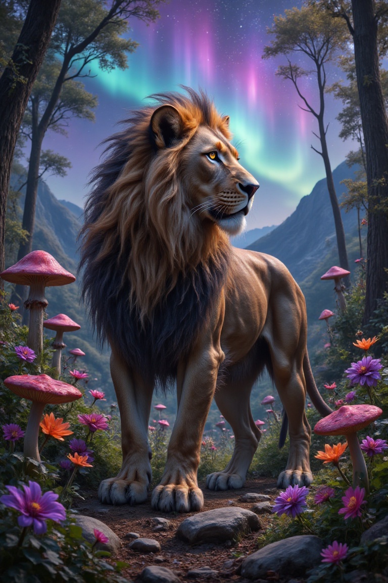 A realistic lion stands majestically in a mysterious forest,  surrounded by vibrant fantasy flowers and towering mushrooms...