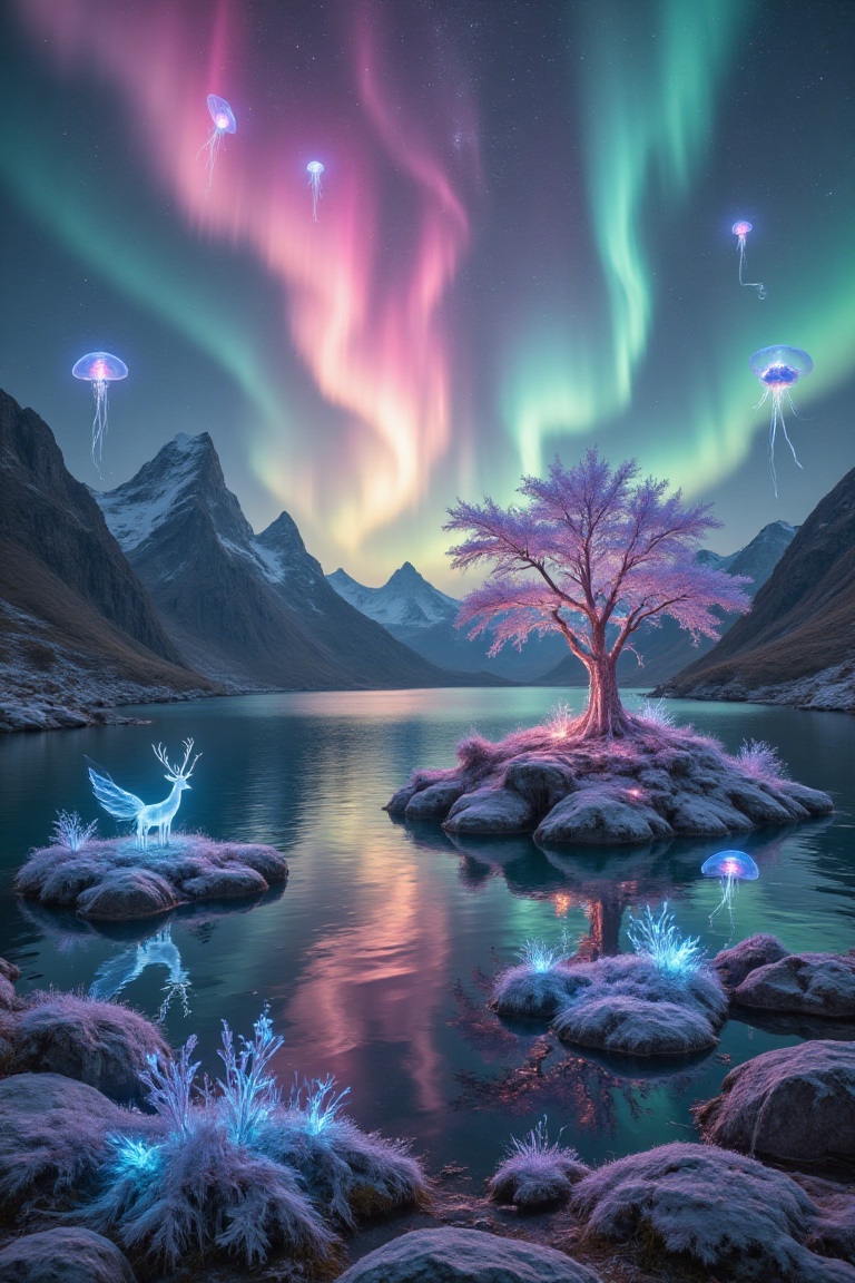 A surreal,  otherworldly landscape bathed in a breathtaking aurora,  its living ribbons of light shifting between shimmeri...