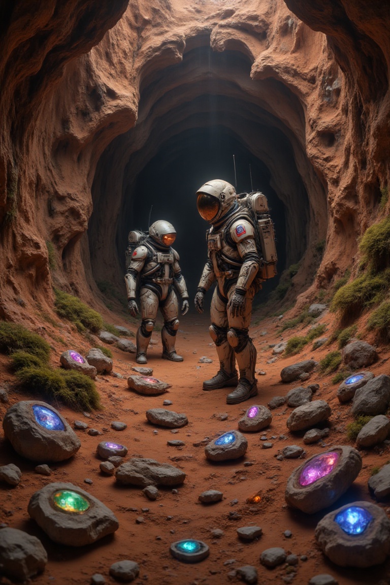 An astronaut in a space suit stands on Mars,  discovering a cave filled with rusted,  moss-covered robots. Surrounding the...