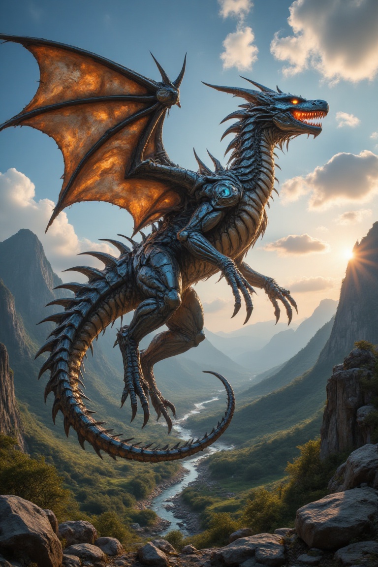 A majestic dragon soars through the sky,  its scales glistening like beautiful gems in the sunlight. The dragon's wings st...