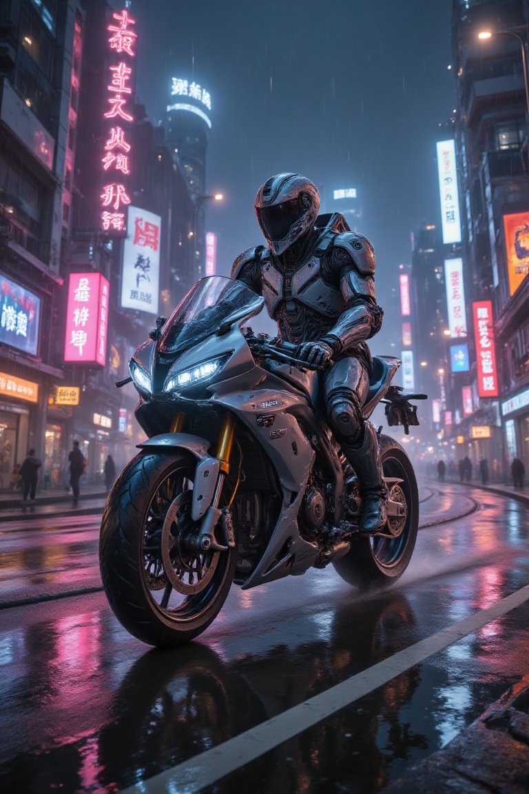 Close-up shot of a lone cyber soldier revving up a sleek mecha motorbike in New Eden's neon-drenched streets. The bike's m...
