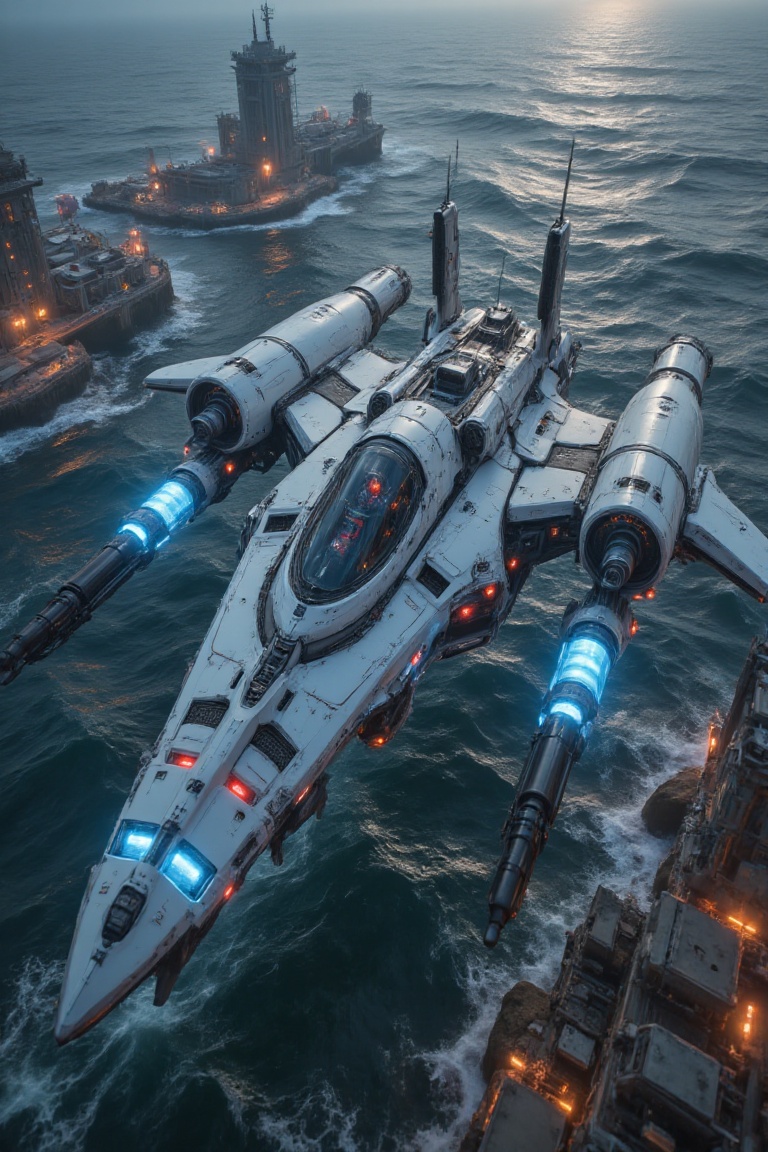 A futuristic warship,  resembling a mecha,  hovers above the ocean in a cyberpunk-style setting. The ship is sleek and whi...