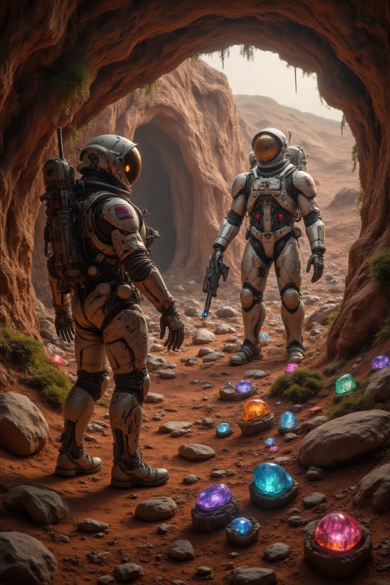 An astronaut in a space suit stands on Mars,  discovering a cave filled with rusted,  moss-covered robots. Surrounding the...