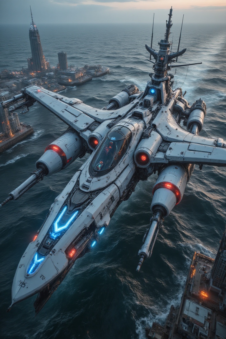 A futuristic warship,  resembling a mecha,  hovers above the ocean in a cyberpunk-style setting. The ship is sleek and whi...