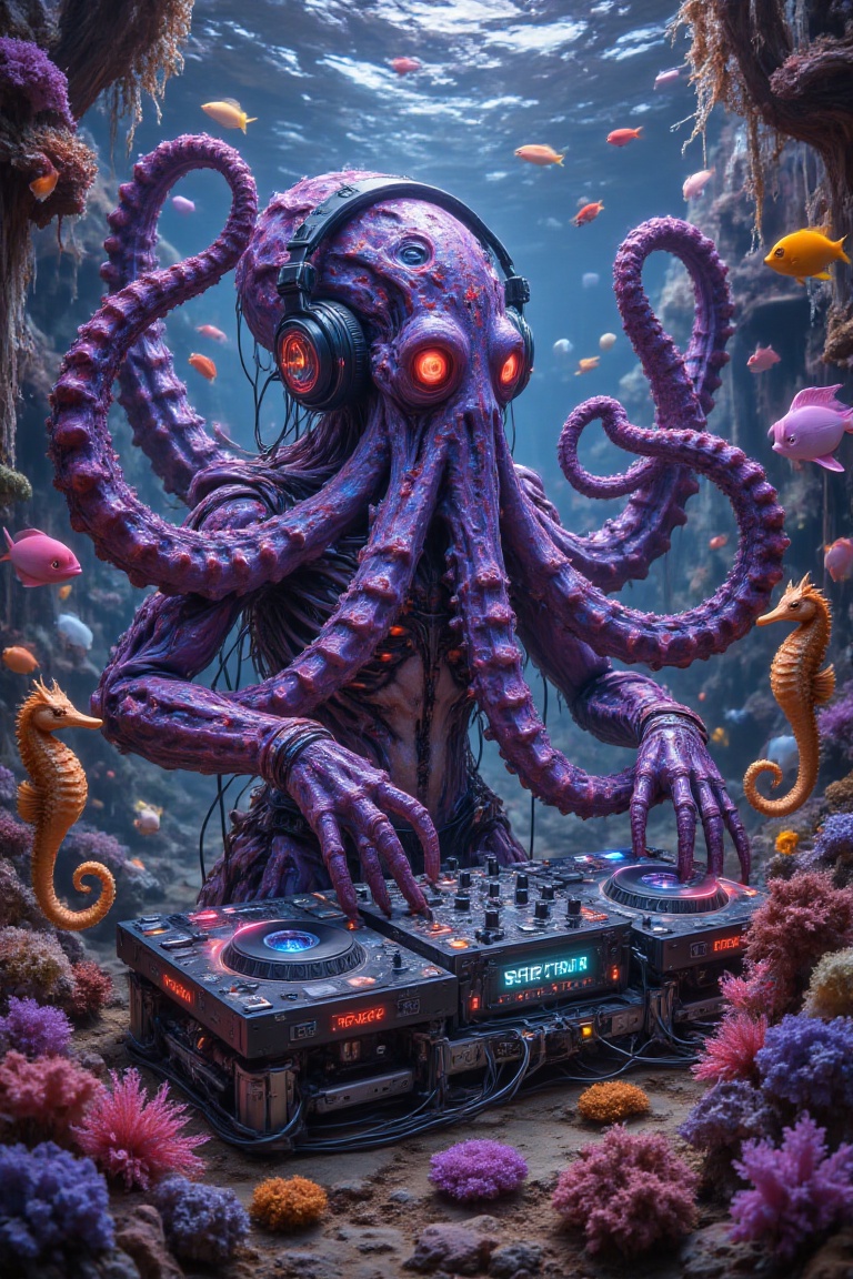 A giant octopus,  wearing headphones and playing DJ equipment,  is the center of an underwater city's vibrant nightlife. T...