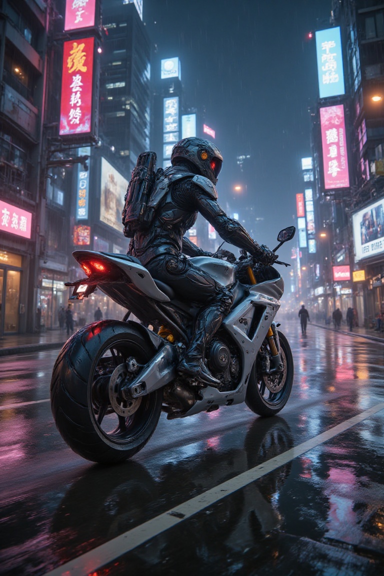 Close-up shot of a lone cyber soldier revving up a sleek mecha motorbike in New Eden's neon-drenched streets. The bike's m...