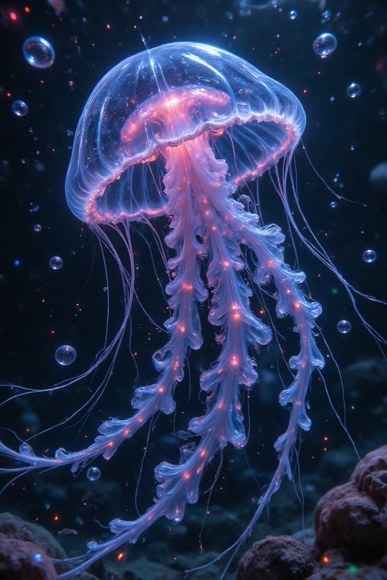 Deep underwater,  a transparent jellyfish floats gracefully in the dark,  quiet waters. Its crystal-clear body glows softl...