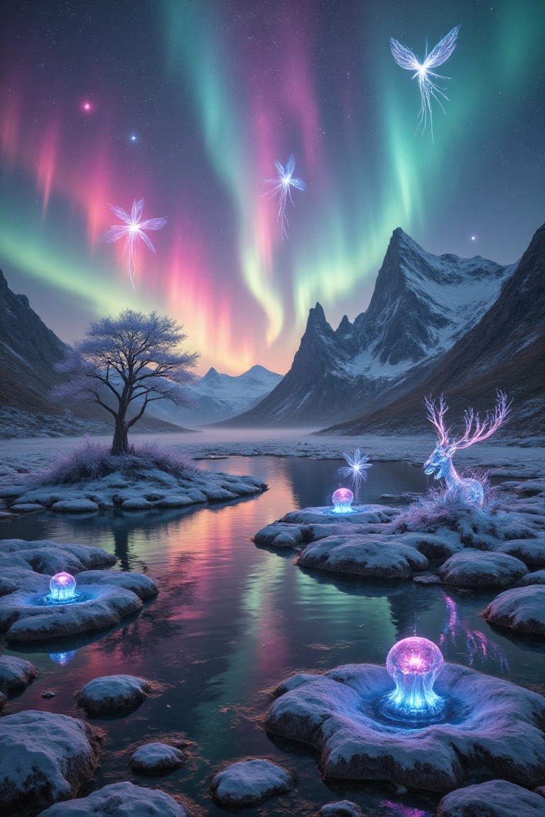 A surreal,  otherworldly landscape bathed in a breathtaking aurora,  its living ribbons of light shifting between shimmeri...