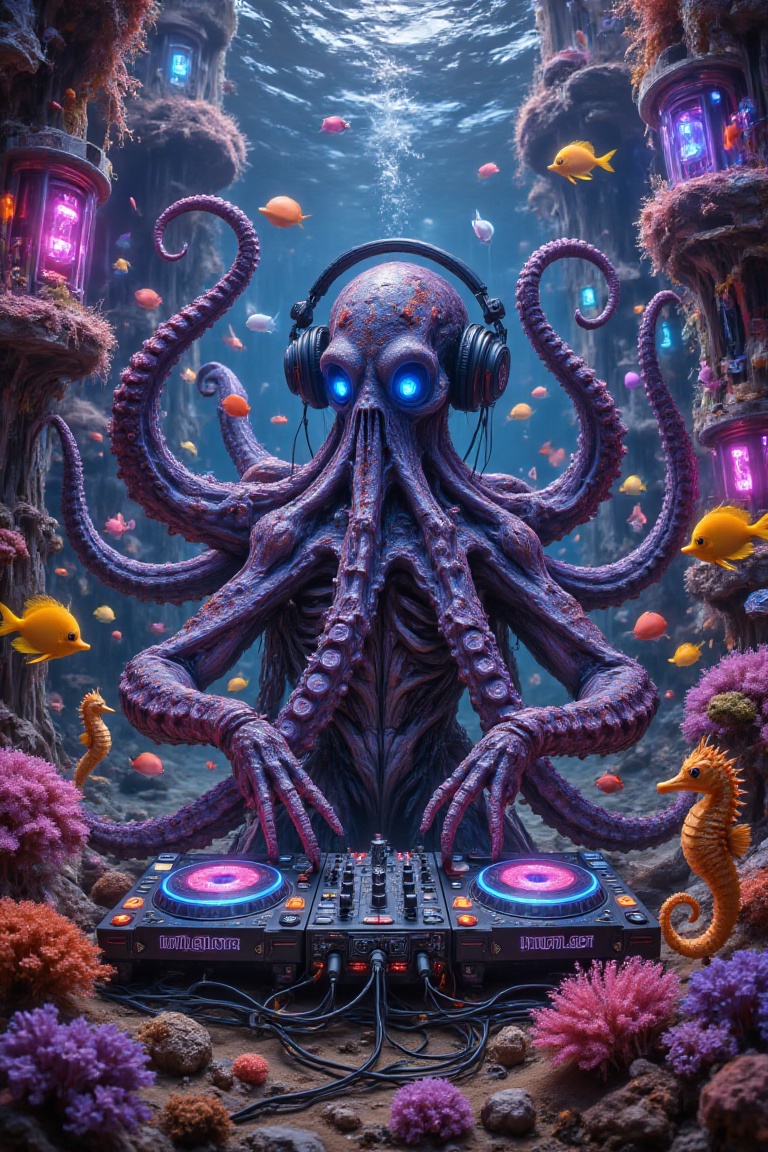 A giant octopus,  wearing headphones and playing DJ equipment,  is the center of an underwater city's vibrant nightlife. T...