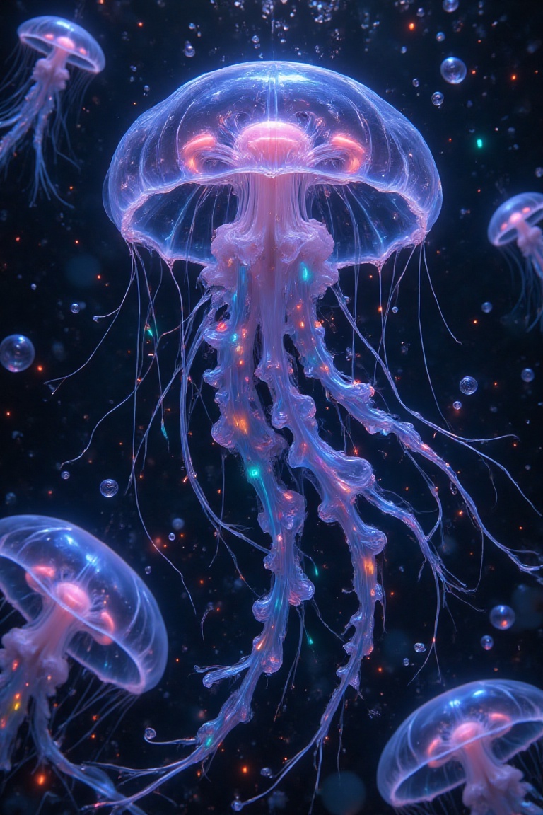 Deep underwater,  a transparent jellyfish floats gracefully in the dark,  quiet waters. Its crystal-clear body glows softl...