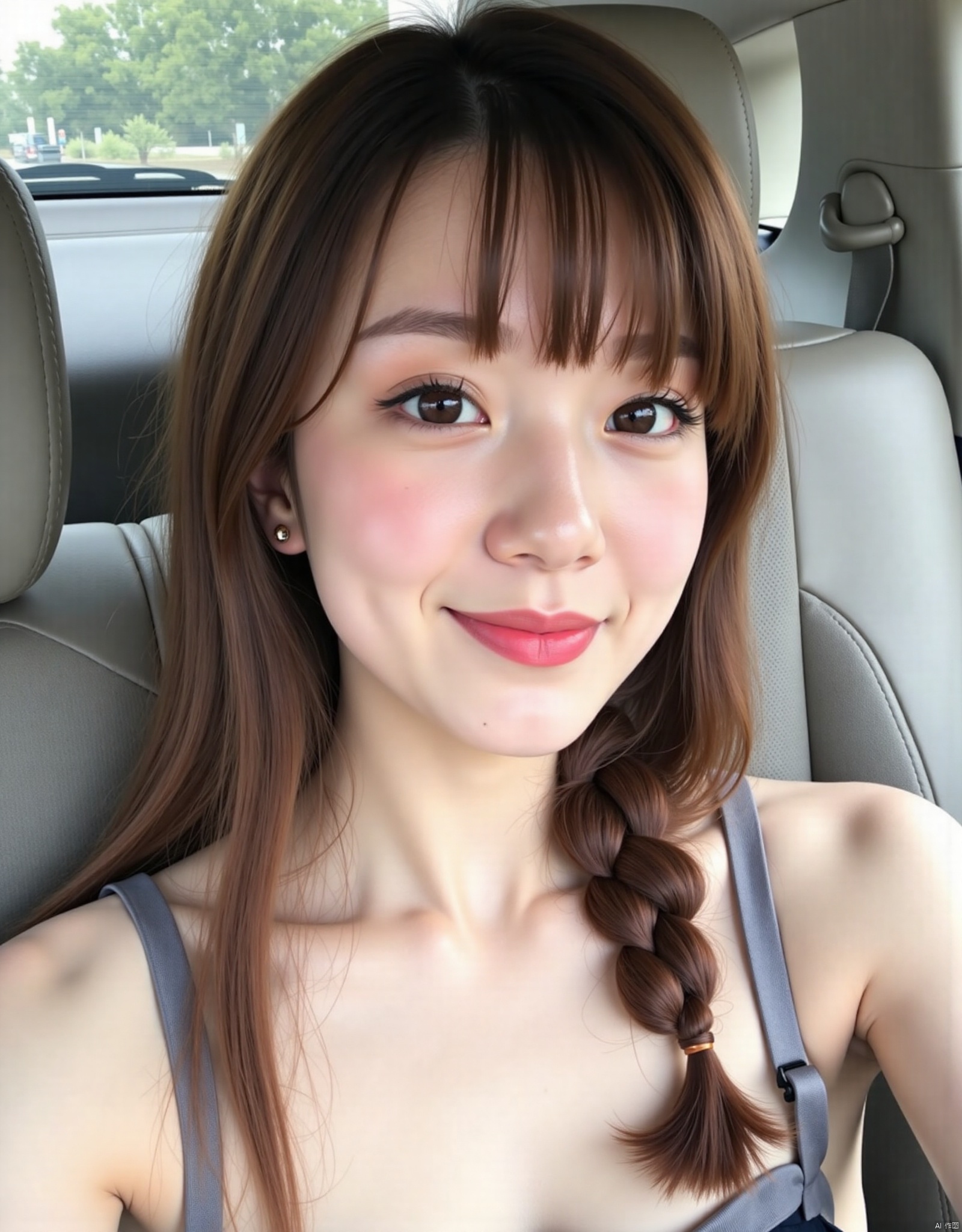1girl, solo, long hair, looking at viewer, smile, brown hair, bare shoulders, brown eyes, closed mouth, upper body, braid, artist name, lips, head tilt, single braid, ground vehicle, hair over shoulder, realistic, car interior