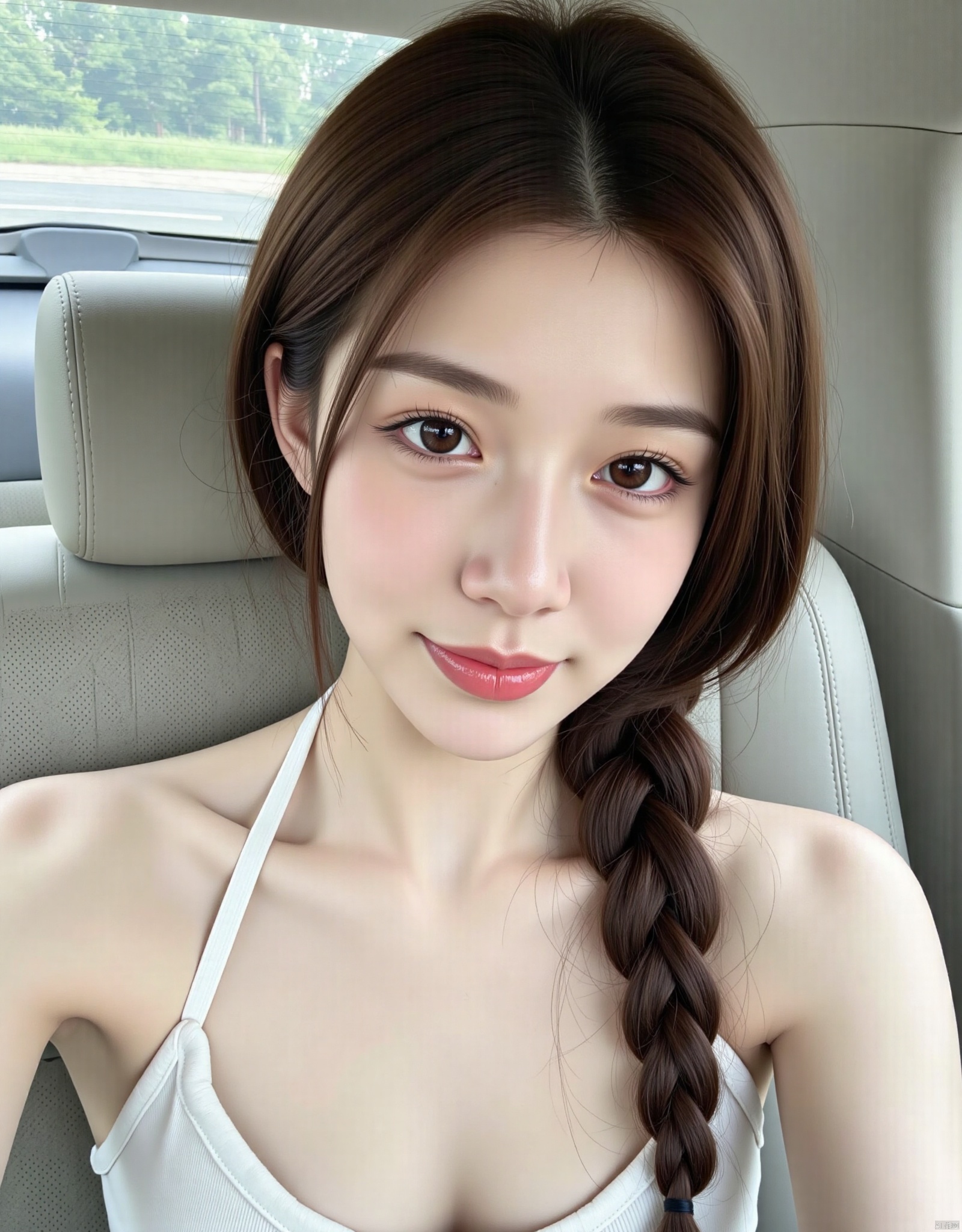 1girl, solo, long hair, looking at viewer, smile, brown hair, bare shoulders, brown eyes, closed mouth, upper body, braid, artist name, lips, head tilt, single braid, ground vehicle, hair over shoulder, realistic, car interior