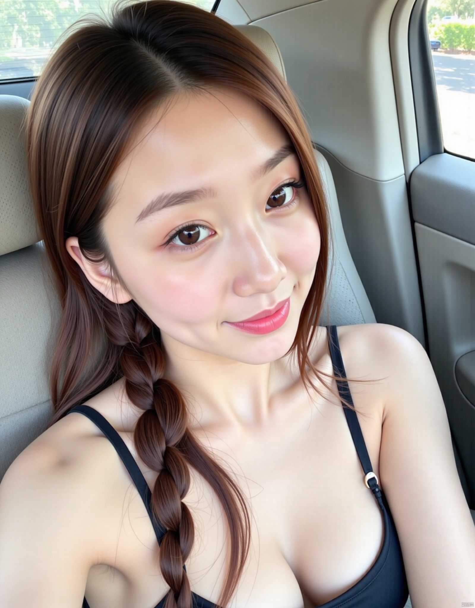 1girl, solo, long hair, looking at viewer, smile, brown hair, bare shoulders, brown eyes, closed mouth, upper body, braid, artist name, lips, head tilt, single braid, ground vehicle, hair over shoulder, realistic, car interior