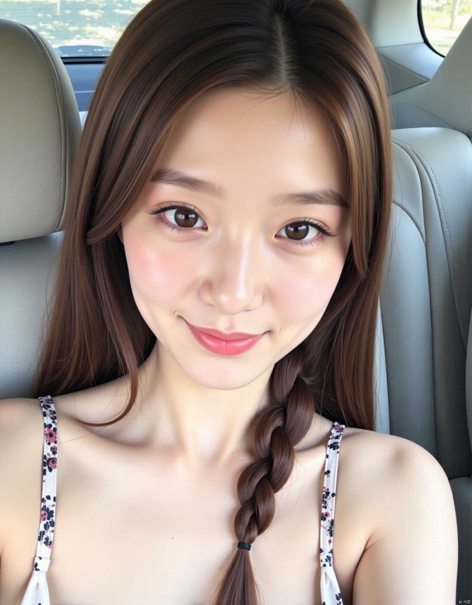 1girl, solo, long hair, looking at viewer, smile, brown hair, bare shoulders, brown eyes, closed mouth, upper body, braid, artist name, lips, head tilt, single braid, ground vehicle, hair over shoulder, realistic, car interior