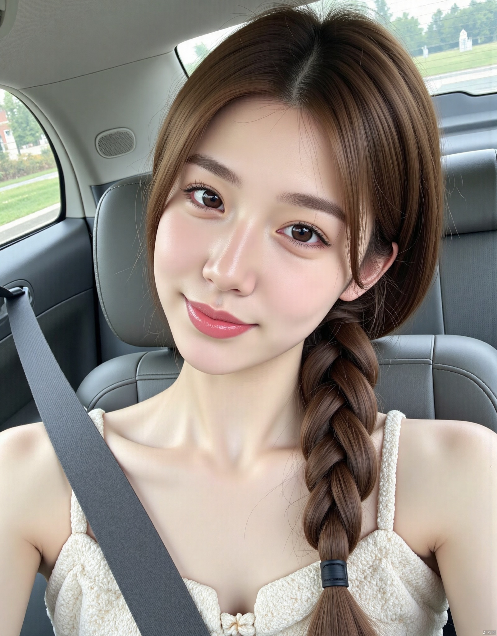 1girl, solo, long hair, looking at viewer, smile, brown hair, bare shoulders, brown eyes, closed mouth, upper body, braid, artist name, lips, head tilt, single braid, ground vehicle, hair over shoulder, realistic, car interior