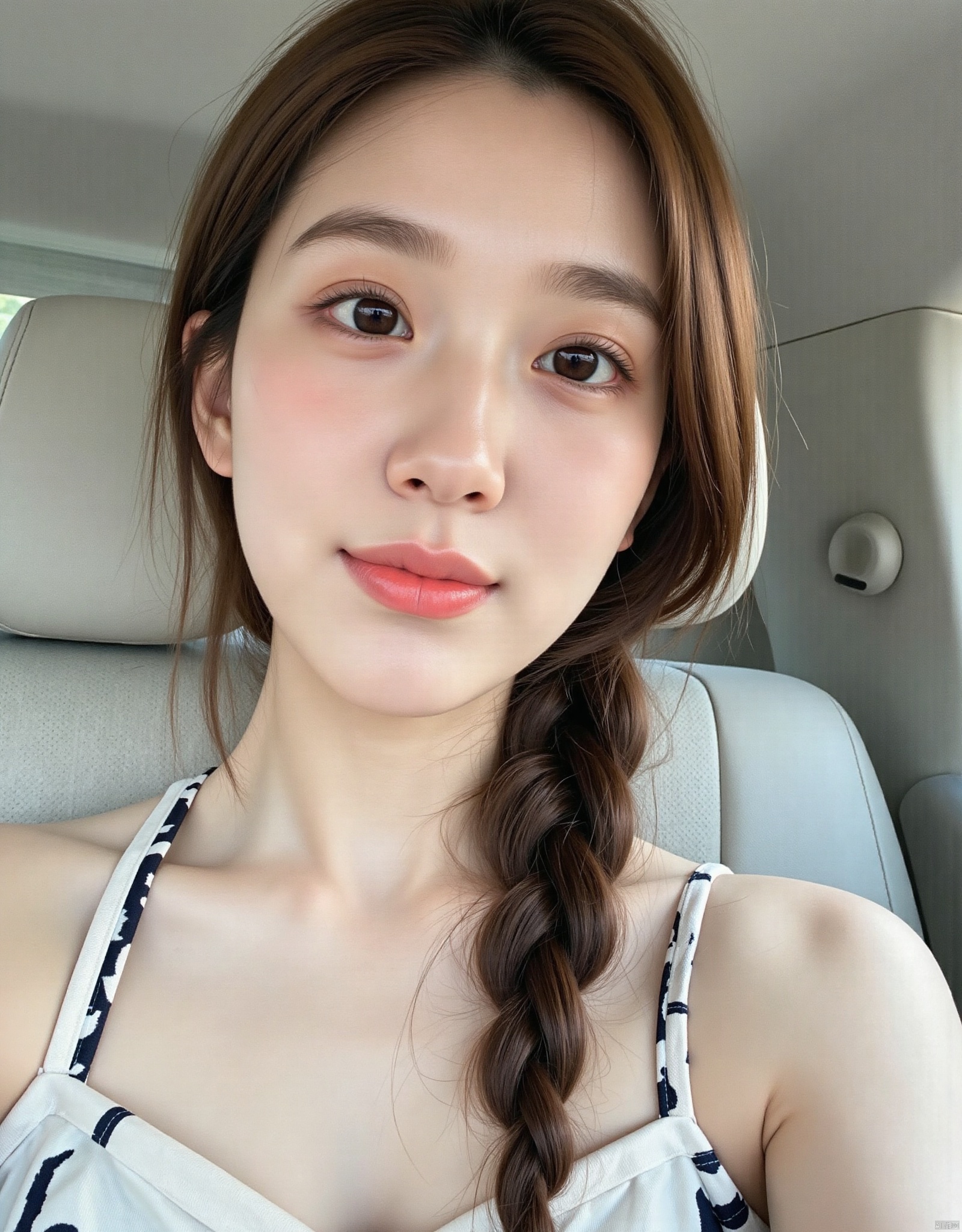 1girl, solo, long hair, looking at viewer, smile, brown hair, bare shoulders, brown eyes, closed mouth, upper body, braid, artist name, lips, head tilt, single braid, ground vehicle, hair over shoulder, realistic, car interior