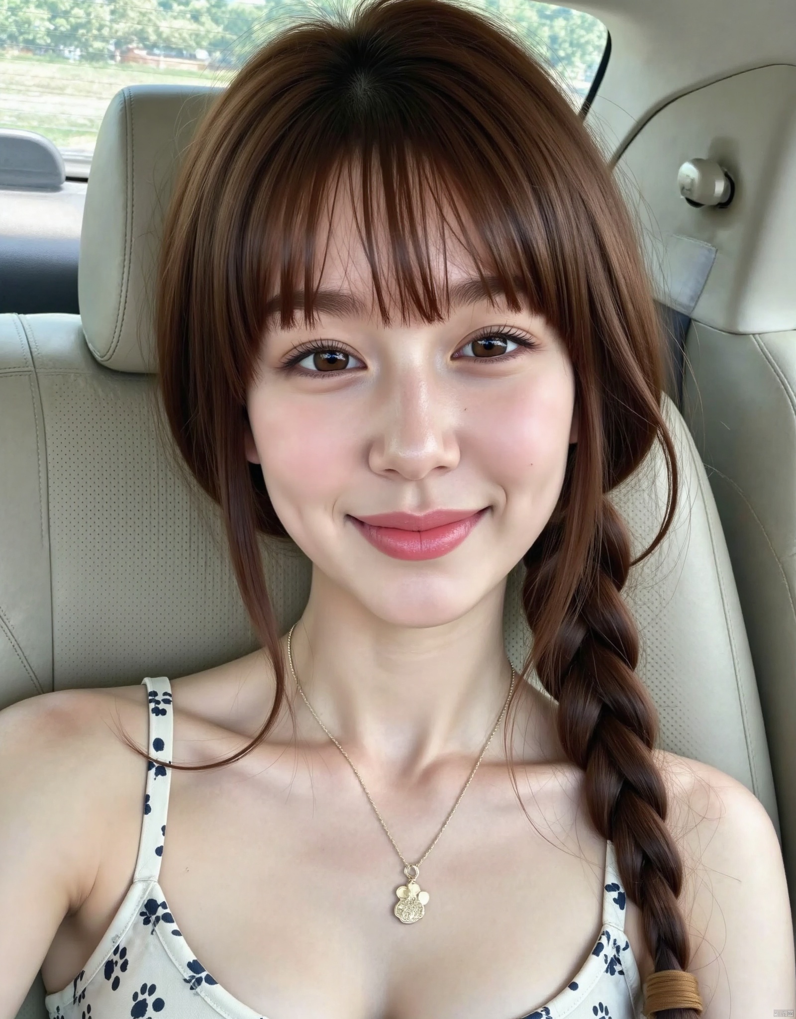1girl, solo, long hair, looking at viewer, smile, brown hair, bare shoulders, brown eyes, closed mouth, upper body, braid, artist name, lips, head tilt, single braid, ground vehicle, hair over shoulder, realistic, car interior
