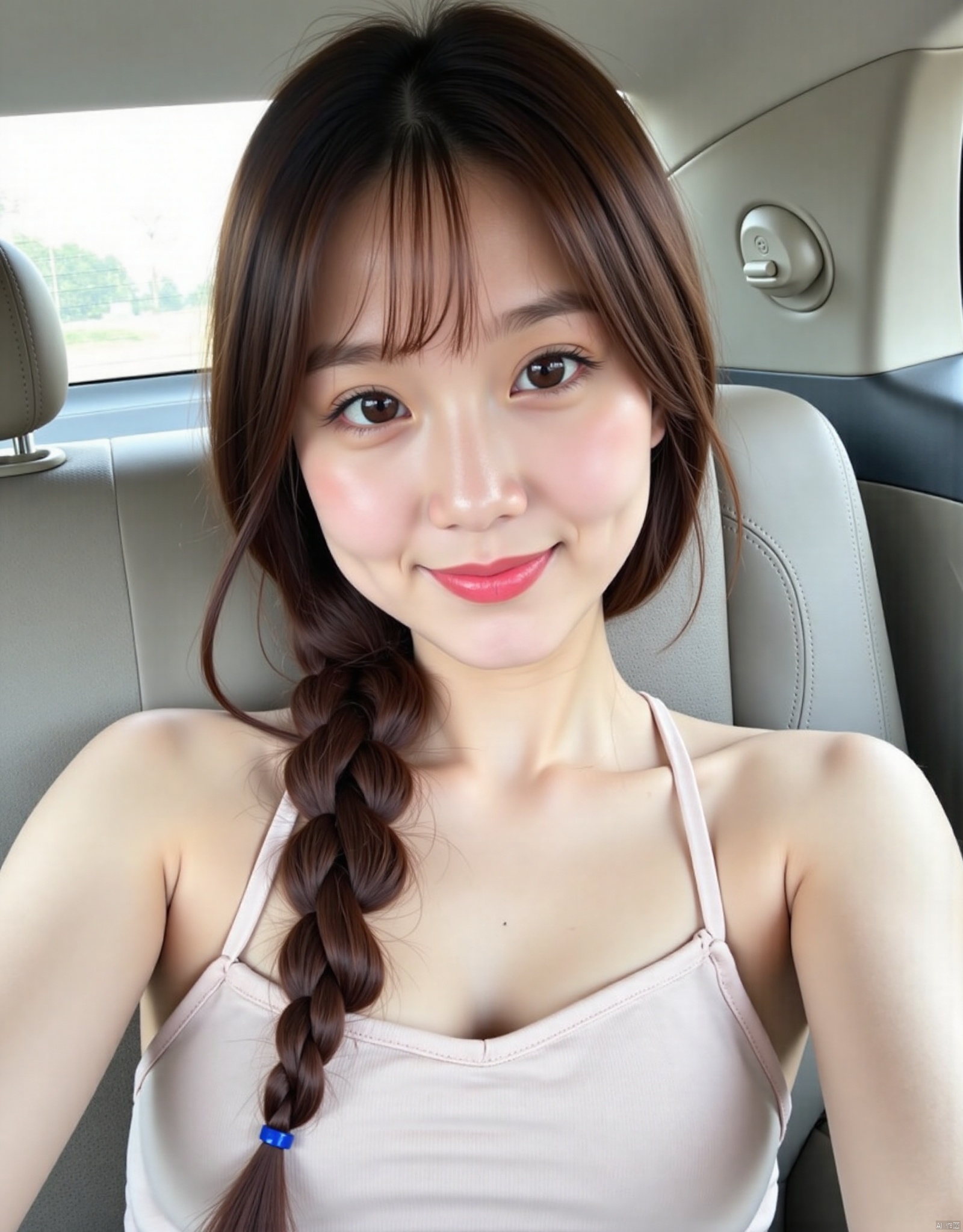 1girl, solo, long hair, looking at viewer, smile, brown hair, bare shoulders, brown eyes, closed mouth, upper body, braid, artist name, lips, head tilt, single braid, ground vehicle, hair over shoulder, realistic, car interior