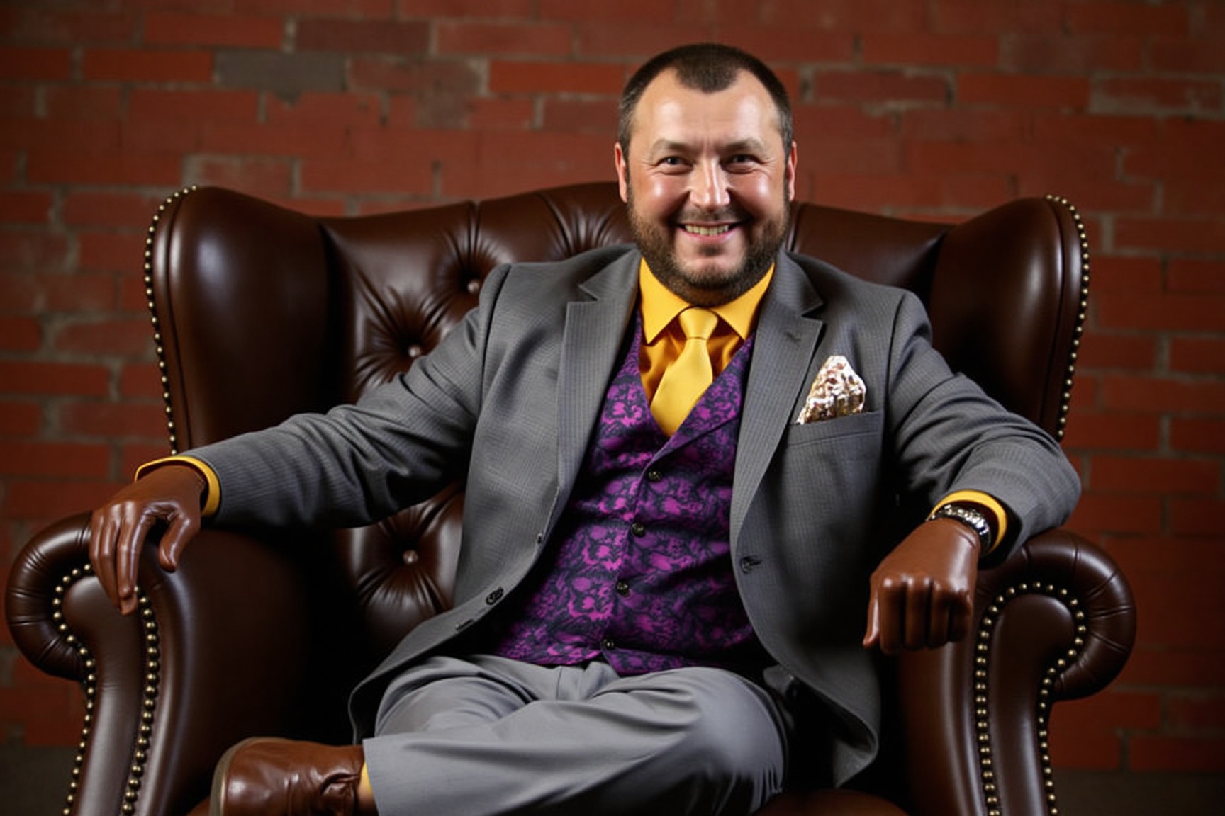The image is a high-resolution photograph of Wayne Mardle seated on a vintage,  tufted,  dark brown leather armchair. The...