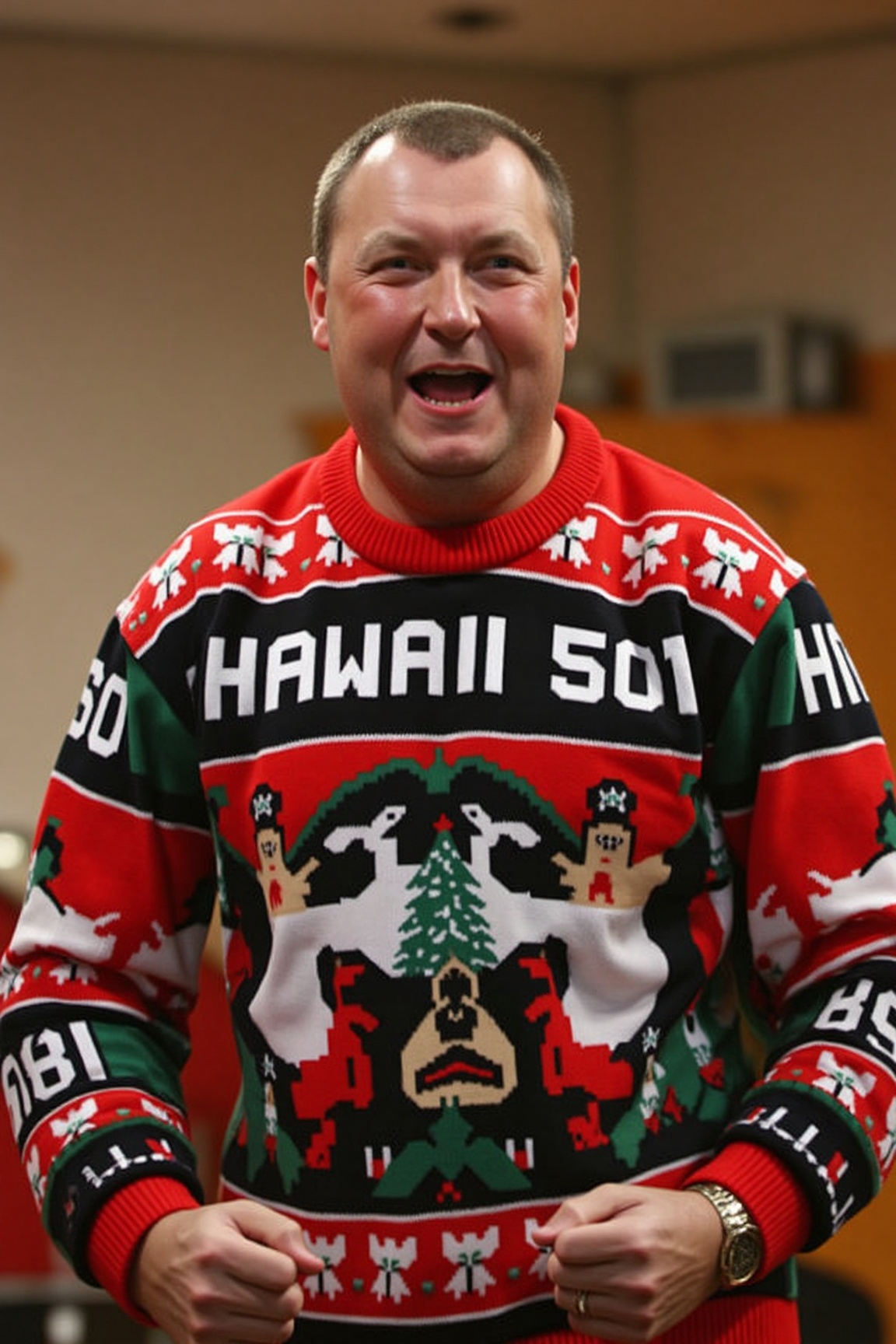 The image is a high-resolution photograph of Wayne Mardle,  wearing a Christmas themed sweater with the words "HAWAII 501"...