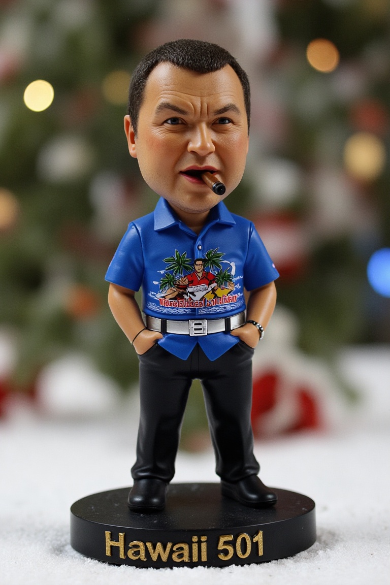 This is a high-resolution photograph of a detailed,  miniature bobblehead action figure of Wayne Mardle chomping on a ciga...
