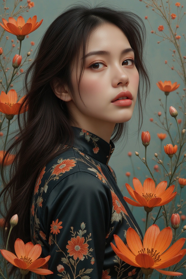 a young woman with long,  wavy hair cascading around her shoulders,  surrounded by a vibrant floral backdrop. Her pose is...