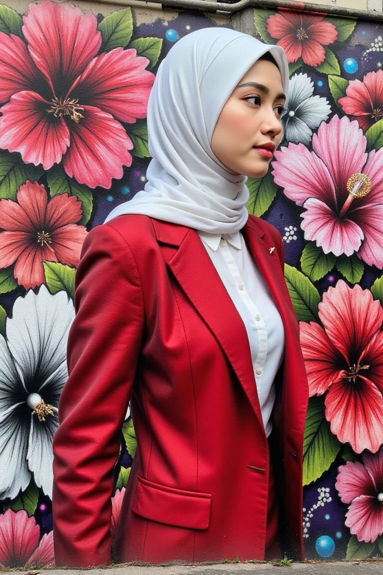 Design a dynamic graffiti mural in Kuala Lumpur featuring a bold hibiscus theme. The artwork should exude energy with its...