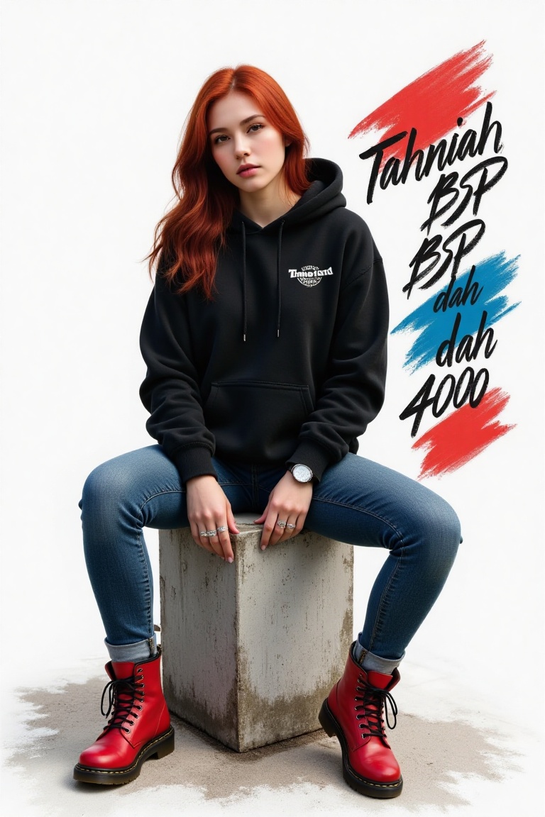 Create a vibrant digital artwork featuring a young woman seated casually on a distressed concrete block. She is dressed in...