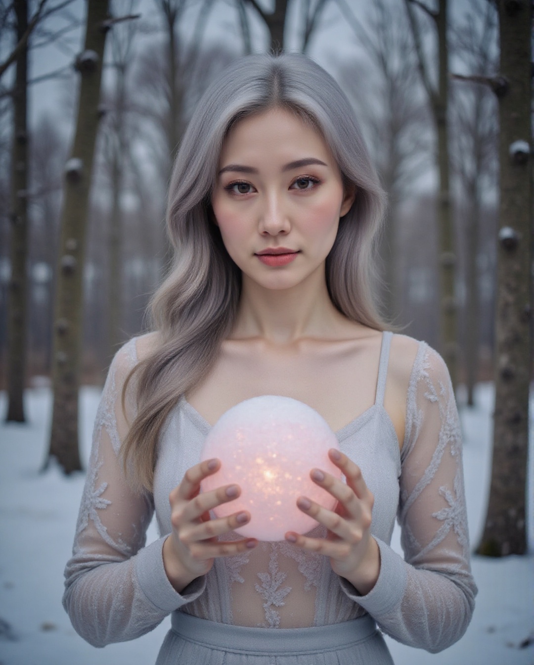 Mystical close-up of a nymph in a snowy enchanted forest. Her radiant silver hair flows like liquid light,  and her enchan...