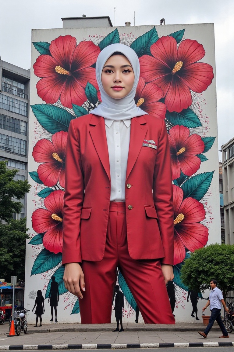 Design a dynamic graffiti mural in Kuala Lumpur featuring a bold hibiscus theme. The artwork should exude energy with its...