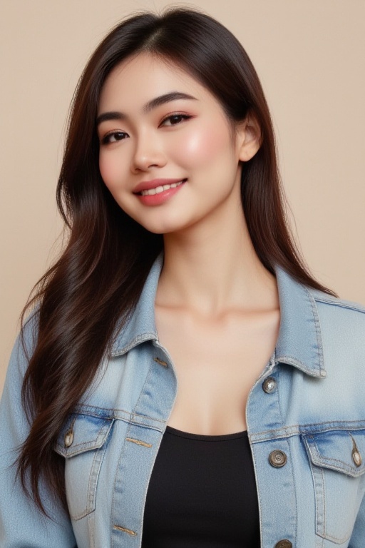 a portrait of a young woman with smooth,  radiant skin and a warm,  welcoming smile. She has long on Tensor.Art