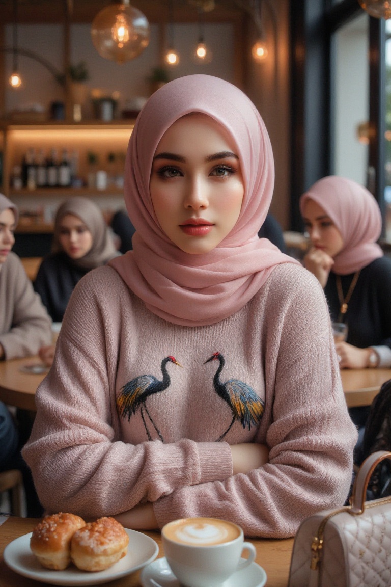 Hyper-realistic a young woman wearing a stylish pink hijab and a sweater with crane bird illustrations. She is sitting in...