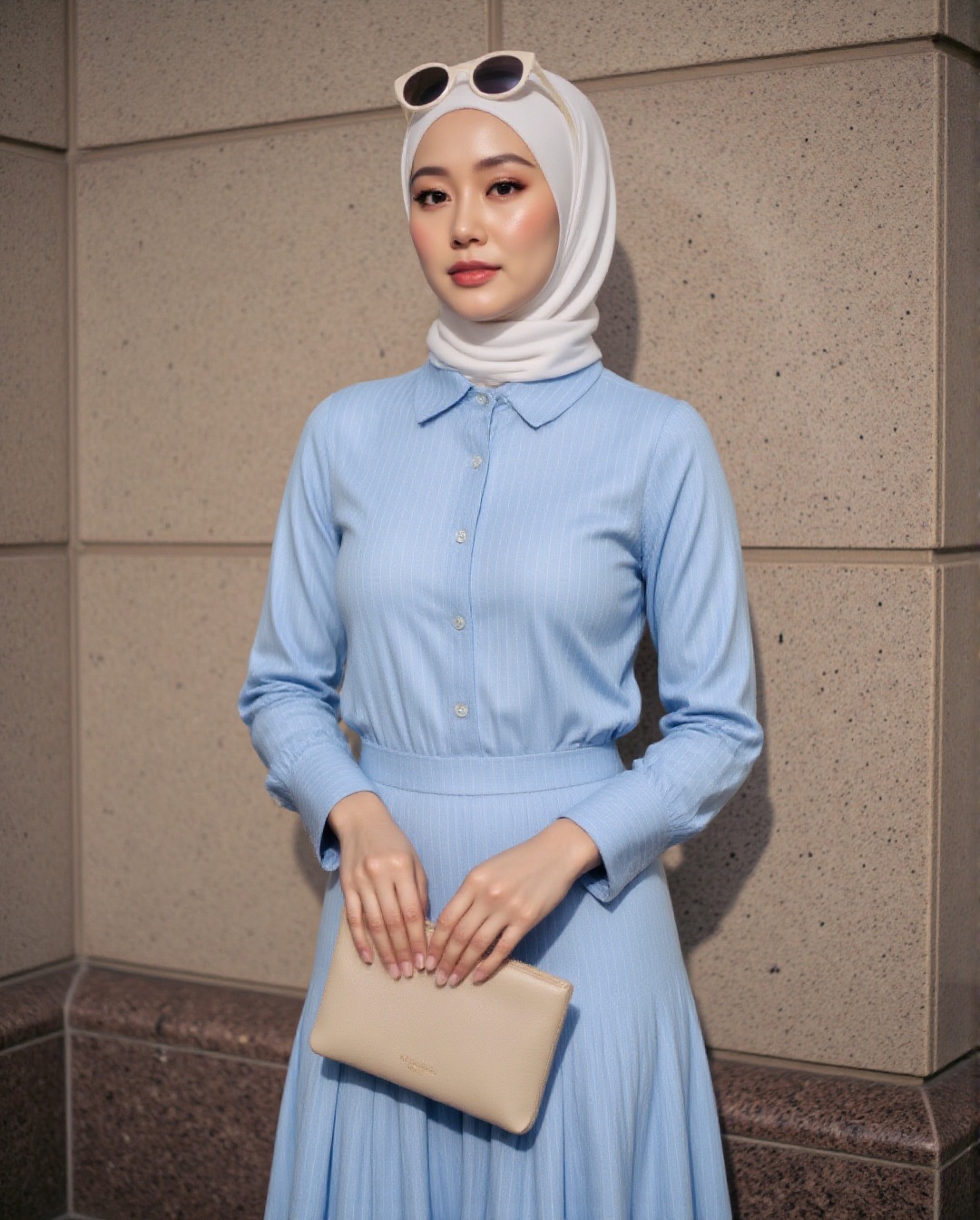 An ultra-HD 8K photorealistic rendering of a poised young Asian woman posed like a supermodel against a textured granite w...