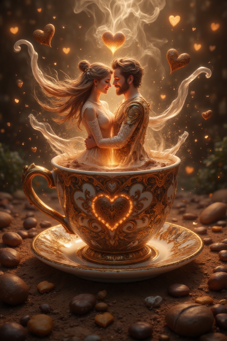A surreal digital painting of a man and woman in a warm embrace within a coffee cup,  surrounded by steam rising and heart...