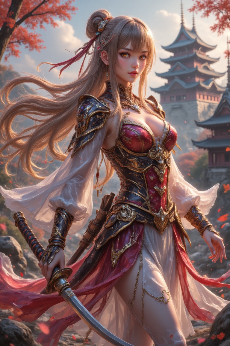 A highly detailed,  high-resolution anime-style masterpiece featuring a solo girl with light brown,  low-tied long hair an...