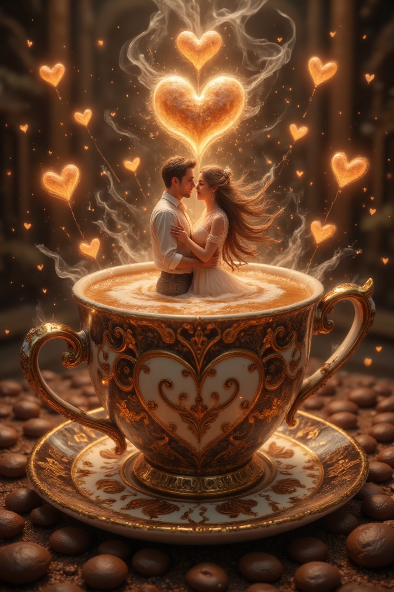 A surreal digital painting of a man and woman in a warm embrace within a coffee cup,  surrounded by steam rising and heart...