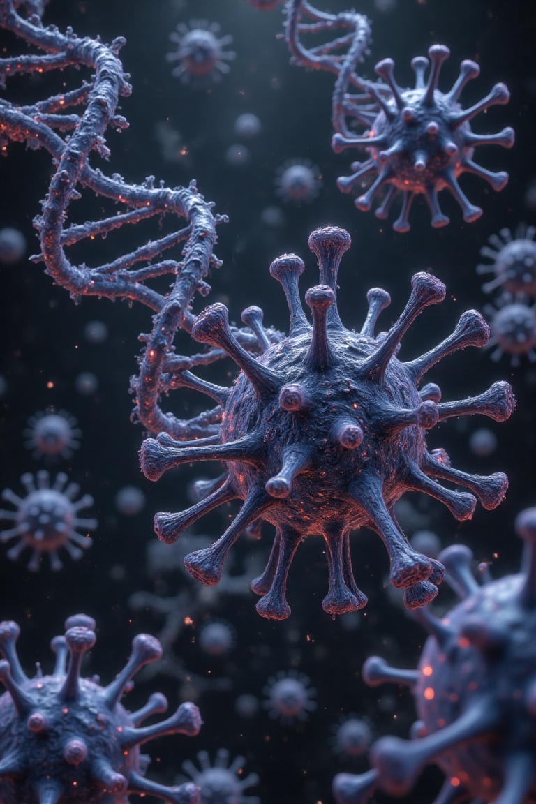 A realistic,  detailed image of the structure of a coronavirus,  featuring a glycoprotein shell with intricate patterns. T...