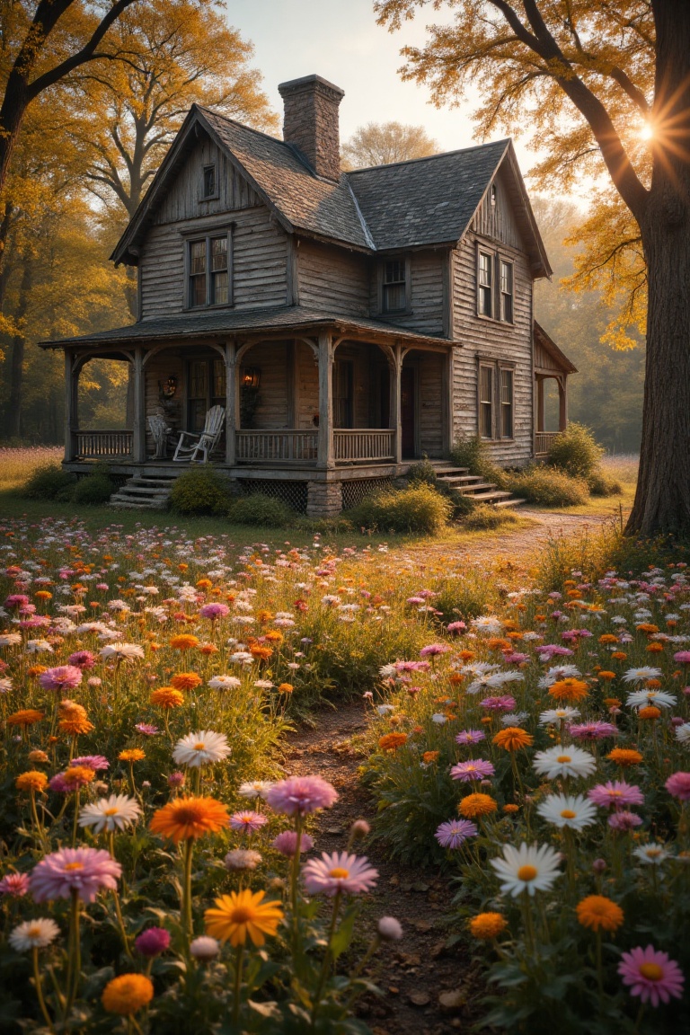 A rustic country house with a weathered wooden exterior,  surrounded by vibrant wildflowers in full bloom. The house has a...