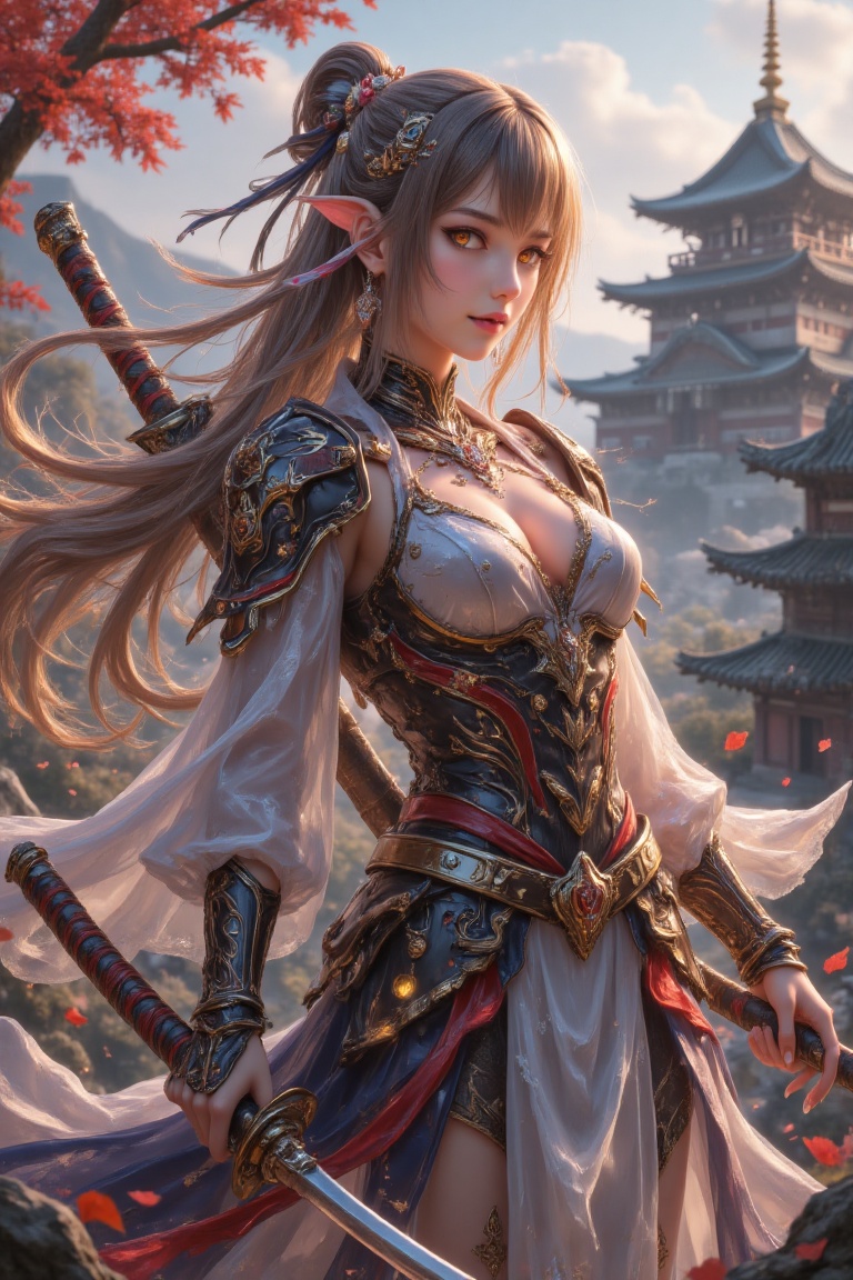 A highly detailed,  high-resolution anime-style masterpiece featuring a solo girl with light brown,  low-tied long hair an...