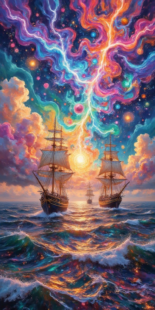Vibrant,  multi-hued clouds swirl across the canvas as sailing vessels disappear into the distance,  their golden hulls gl...
