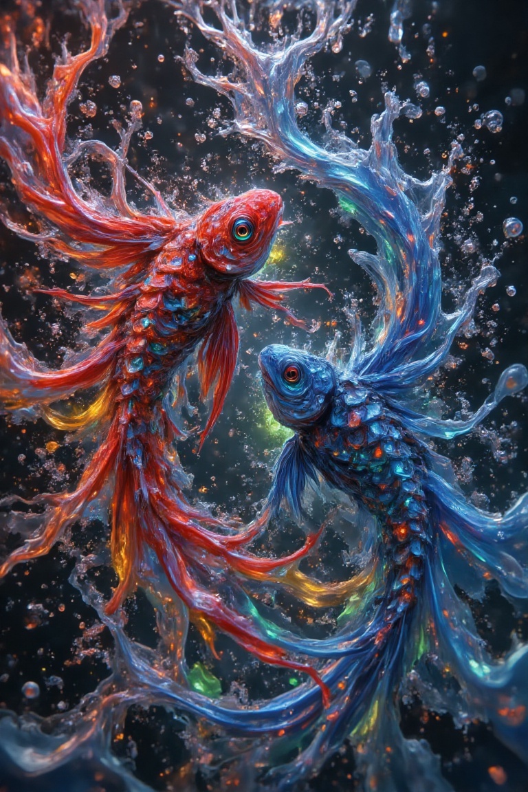 -up of two enraged beta fish,  one red and one blue,  with intricately scaled tails on Tensor.Art